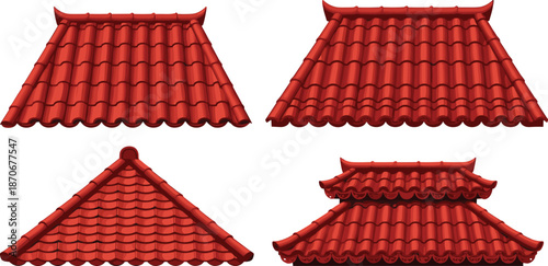 Traditional red tiled roof set featuring Asian architectural styles, layered structures, gable designs, and realistic ceramic textures