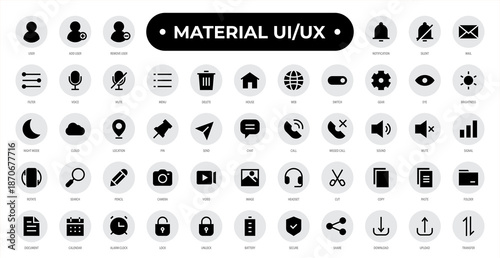 Material UI/UX icons set collection, featuring user interface controls, notifications, media, and system tools. Ideal for app design, dashboards, and modern digital products.