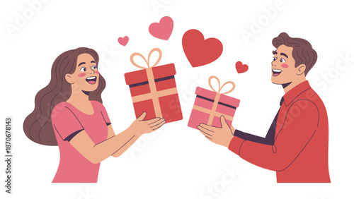Exchange of Gifts with Heartfelt Happiness: A couple happily shares gifts adorned with heart symbols, expressing affection and celebration amidst a backdrop of tender emotions.