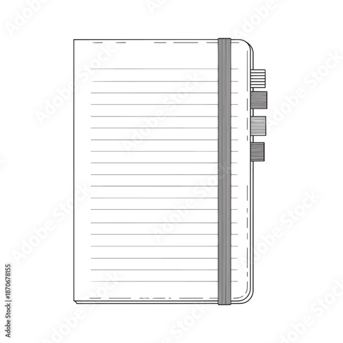 Open spiral notebook with elastic band resting on a plain white surface, close-up view.