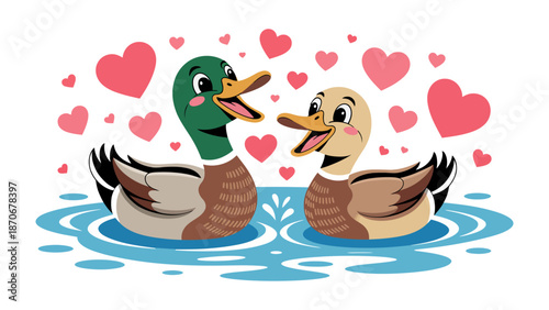 Duck Romance: Two endearing ducks, lost in the sweetness of love, share a moment surrounded by hearts, evoking feelings of affection and tenderness.