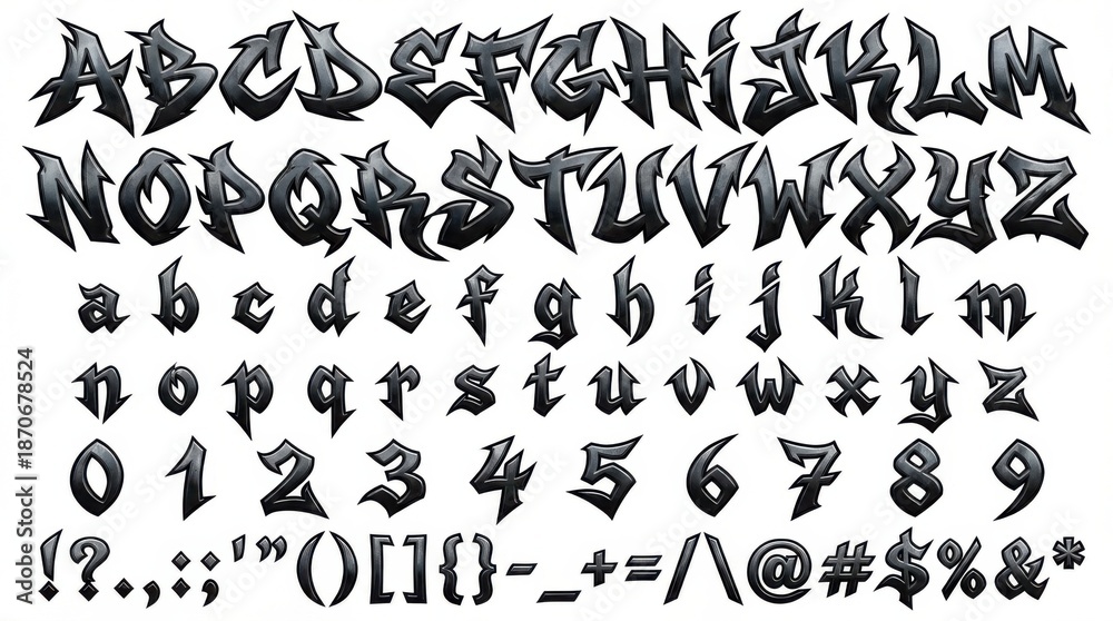 Obraz premium font alphabet in sharp graffiti style from a to z numbers punctuation isolated on white background