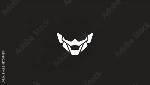 Geometric white mask design against a dark background, minimalist style.