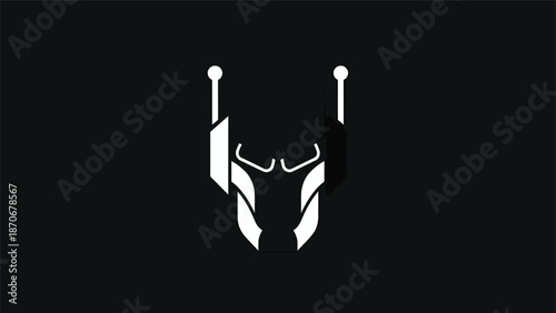 Abstract white graphic design of a stylized warrior helmet on a black background.