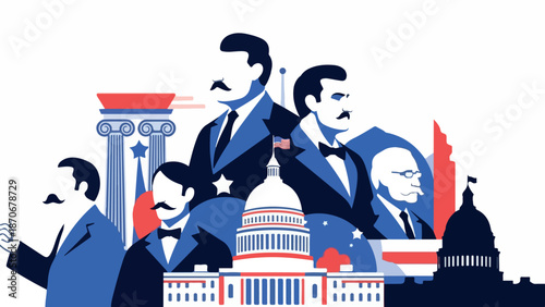 Historical figures and government buildings in a patriotic illustration.