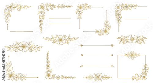 Elegant set of golden floral wedding frame elements including corners dividers and borders with a delicate hand-drawn style.
