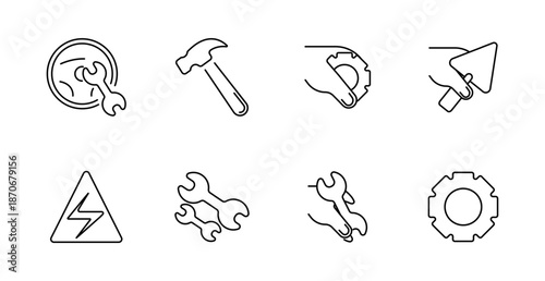 Construction and tools set icon. Gear with wrench, hammer, hand with cog, trowel, electricity warning, spanners, gear symbol, repair items