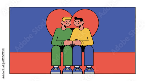 Love and Togetherness: Two individuals, bathed in the warmth of affection, sit side-by-side, their bond illuminated by a vibrant heart that symbolizes their love and togetherness.