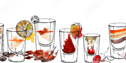 Tableau sur toile Coffee, orange and red layered shots mix with strawberry, cherry and pepper
