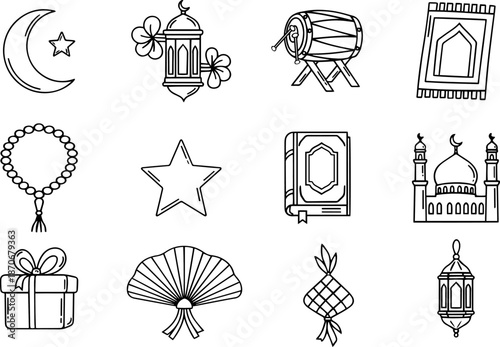 Black and white Islamic Eid icon set in clean line art style featuring crescent moon, lantern, mosque, prayer rug, tasbih, Quran, ketupat, drum, gift, and star, isolated on white.
