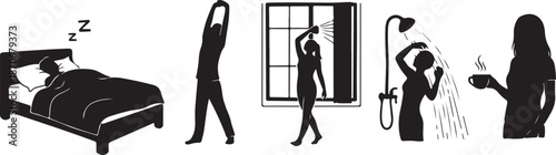 Morning Routine Silhouettes of People Waking Up and Getting Ready