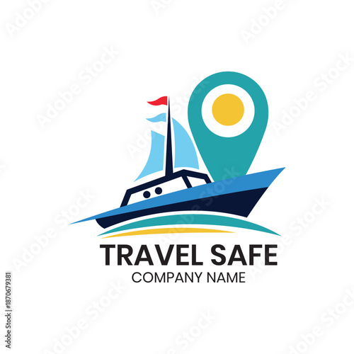 Vector Logo for Travel and Tourism Agencies Featuring Abstract Ship and Location Marker Abstract Illustrations, Flat Minimalist Design for Professional Adventure and Transport Use