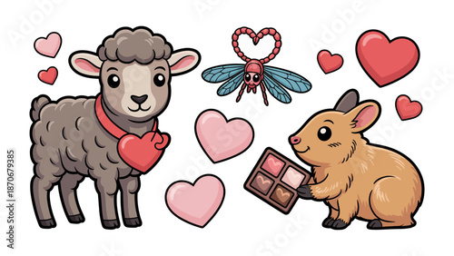 Love's Sweet Quartet: An adorable lamb, a charming bunny, a dragonfly, and a cluster of hearts celebrate the sweetness of love and affection.