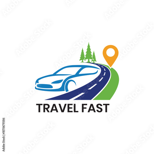 Editable Flat Minimalist Travelling Agency Logo with Car, Location Marker, and Road Design Elements, Perfect for Professional Use in Tourism, Travel, Journey, and Adventure Marketing