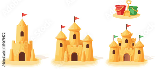 Cute sandcastle collection with beach buckets, shovels, flags, towers, and playful summer seaside sand building illustration elements