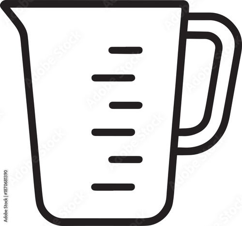 An artistic line drawing of a kitchen measuring cup, showcasing essential tools for culinary precision and baking preparation. 