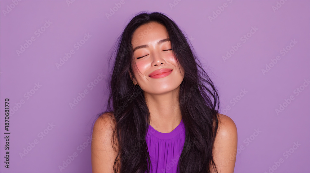 Fototapeta premium Smiling Young Asian Woman in Purple Top Enjoying a Moment of Joy, Light Purple Background