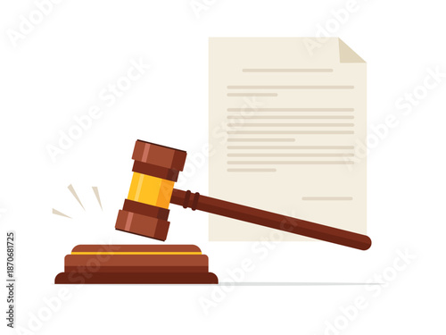 Legal document, linear icon of judge approval, wooden hammer