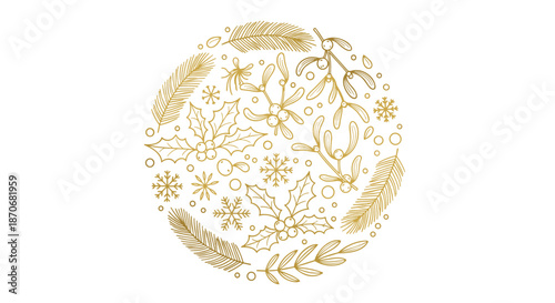 Golden hand-drawn circular arrangement of Christmas botanicals like holly mistletoe and pine perfect for festive holiday designs.