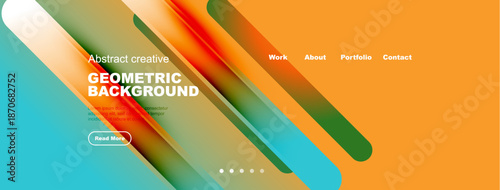 Abstract geometric background features vibrant colors, overlapping shapes, text elements, navigation options. Modern design suitable for websites.