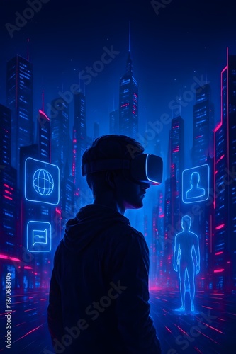 Futuristic user exploring the metaverse with a virtual reality headset