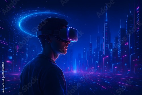 exploring a futuristic digital city with a vr headset