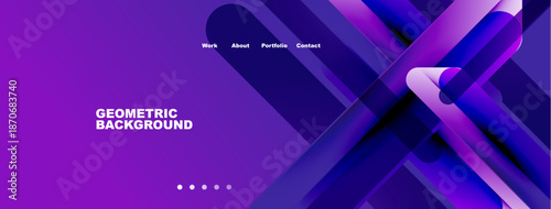 Abstract geometric design. Purple, blue gradients dominate. Navigation links present. Minimalist aesthetic, modern feel.