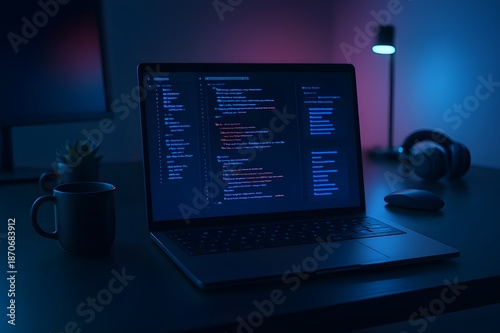 A laptop displaying lines of code on its screen in a dimly lit, neon-infused workspace