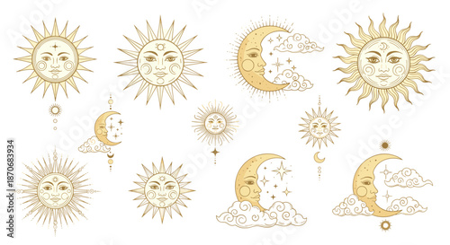 A mystical collection of golden sun and moon illustrations with faces clouds and stars in a delicate esoteric line art style.