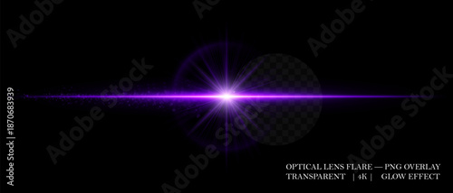 Horizontal optical lens flare with glowing dust and luminous beam. Great for cinematic overlays, highlight accents, and futuristic design compositions.