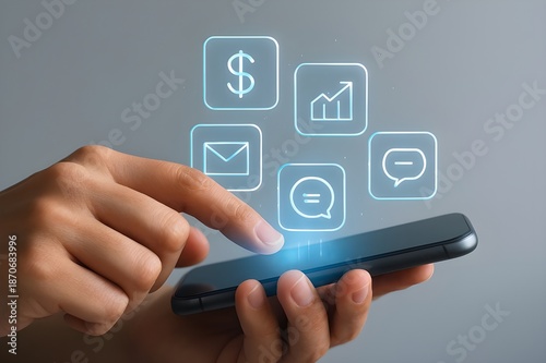 A hand interacting with a smartphone displaying holographic icons for digital services and online connectivity