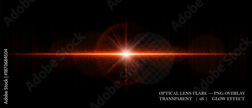 Optical horizontal lens flare with soft reflections, glowing orbs, and radiant beam. Great for digital overlays, photo lighting, and sci-fi design projects.