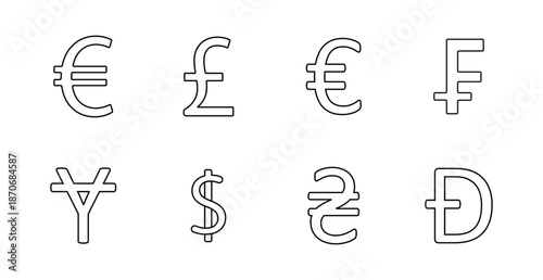 Currency symbol set icon. Euro, pound, franc, yen, dollar, hryvnia, dong, finance, economy, payment, banking, money, transaction, exchange, trade