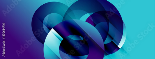 Abstract composition featuring overlapping circular shapes. Vibrant blues, purples create dynamic visual effect. Smooth gradients suggest depth, movement.