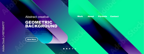 Abstract vibrant design features geometric shapes, text overlays, navigation menu. Modern aesthetic suitable for website header or banner.