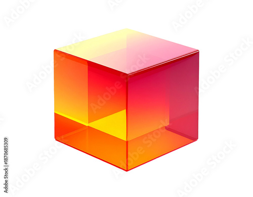 A translucent cube with gradients of red, orange, and yellow on black