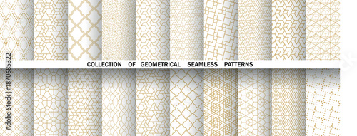 Geometric set of seamless golden and white patterns. Simple vector graphics