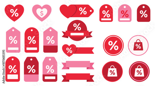 Valentine sale label set with heart shapes discount tags ribbons and shopping bags for promotion