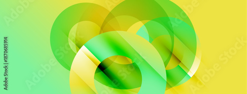 Abstract composition features overlapping translucent circles. Yellow, green hues create vibrant, modern visual effect. Smooth gradients present dynamic interplay.