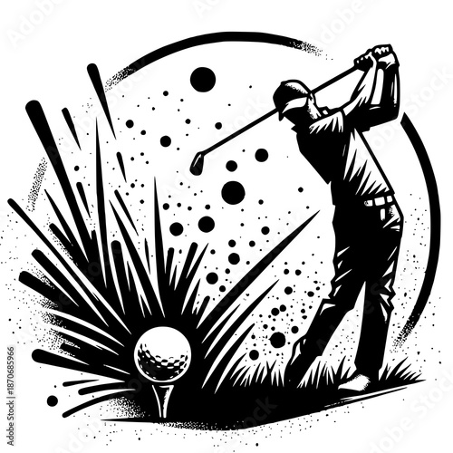 Golf Swing Silhouette: A dynamic silhouette of a golfer executing a powerful swing, capturing the essence of the sport against a backdrop of stylized grass and a golf ball.