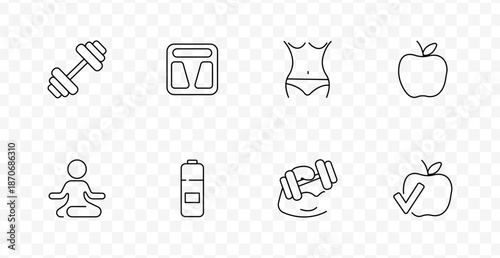 Fitness and wellness set icon. Dumbbell, scale, female torso, apple, yoga pose, bottle, muscular arm, checked apple in health lifestyle line style.
