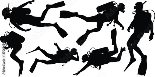 Scuba divers silhouettes underwater swimming with oxygen tanks, marine adventure sport illustration isolated on white background, professional diving concept