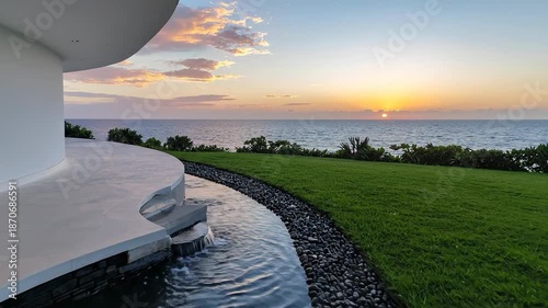 Beautiful ocean view at sunset with modern architecture and lush green lawn.