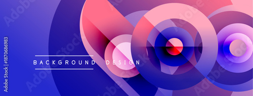 Abstract design features overlapping circles, vibrant blue, pink hues. Modern aesthetic, dynamic composition, suitable background element.
