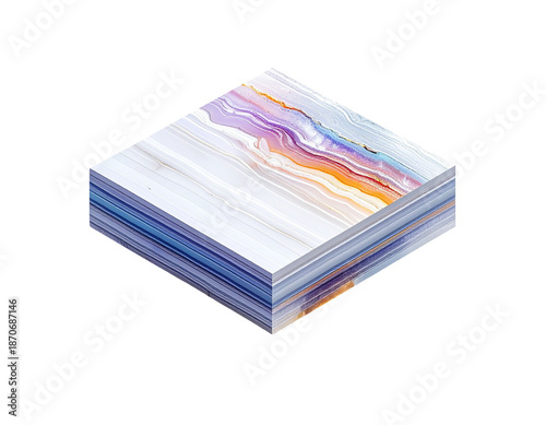 Isometric view of a layered block with vibrant marble-like textures