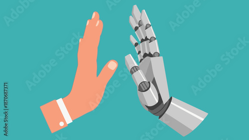 Human and Robot Hand High Five Illustration Symbolizing Collaboration and Innovation in Technology