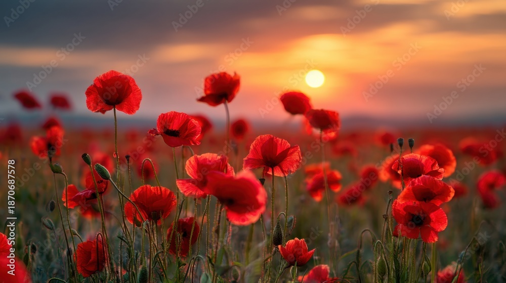 Obraz premium Poppy flowers stand tall in a field as the sun sets. The sky shows colors of orange and purple creating a beautiful backdrop for the flowers. The scene is bright and lively.