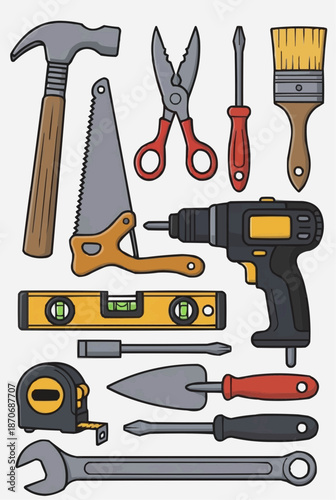 Collection of Hand Tools and Construction Equipment Flat Vector Illustration
