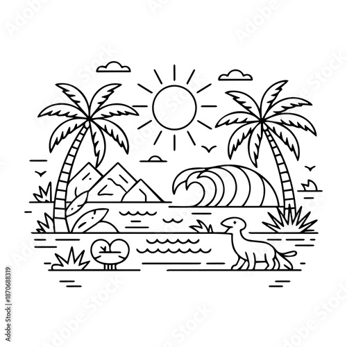 Island Paradise: A serene illustration of a tropical paradise, featuring palm trees, a gentle sea, and the warm glow of the sun, evoking a sense of tranquility and natural beauty.