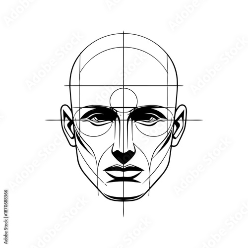 Stylized human face built on geometric guidelines, representing facial symmetry, proportion, identity, and analytical balance between art, anatomy, and design structure.